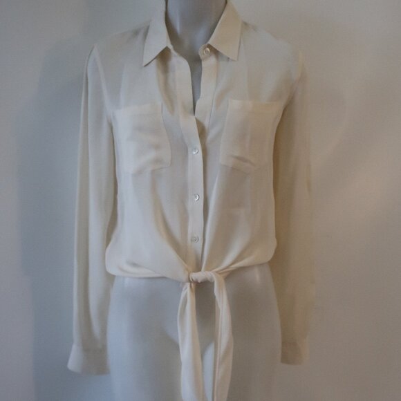 Women Theory Ivory Pure Silk Front Tie Cropped Blouse Top M - Picture 1 of 12